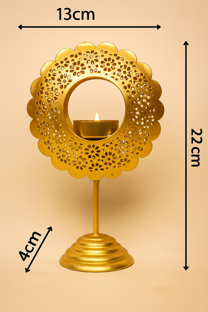 Golden metal tealight holder with handcrafted design – perfect for home décor, festive lighting, weddings, and gifting.”