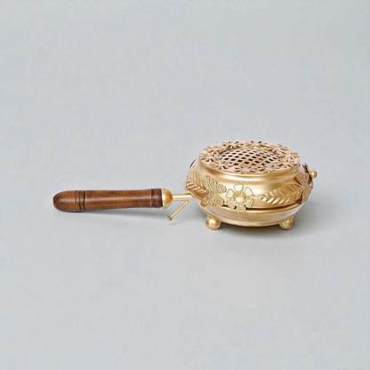 Elegant Brass Floral Incense Burner with Wooden Handle – Aromatherapy & Home Décor Essential
