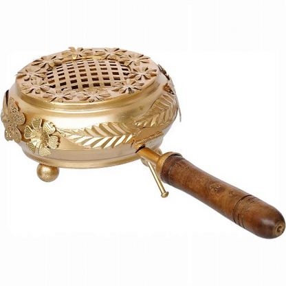 Elegant Brass Floral Incense Burner with Wooden Handle – Aromatherapy & Home Décor Essential