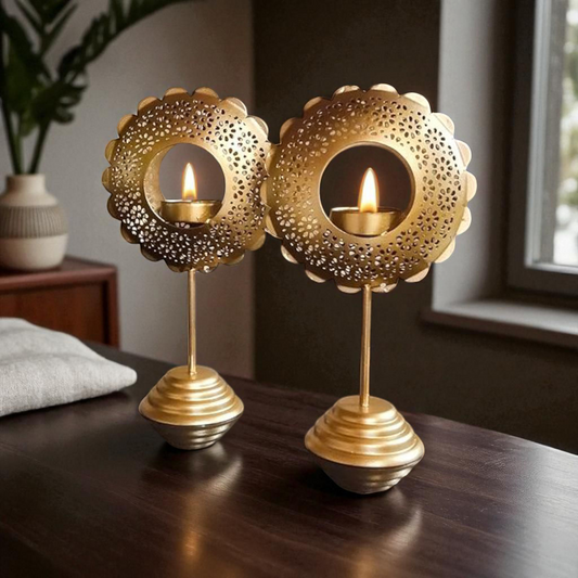Golden metal tealight holder with handcrafted design – perfect for home décor, festive lighting, weddings, and gifting.”