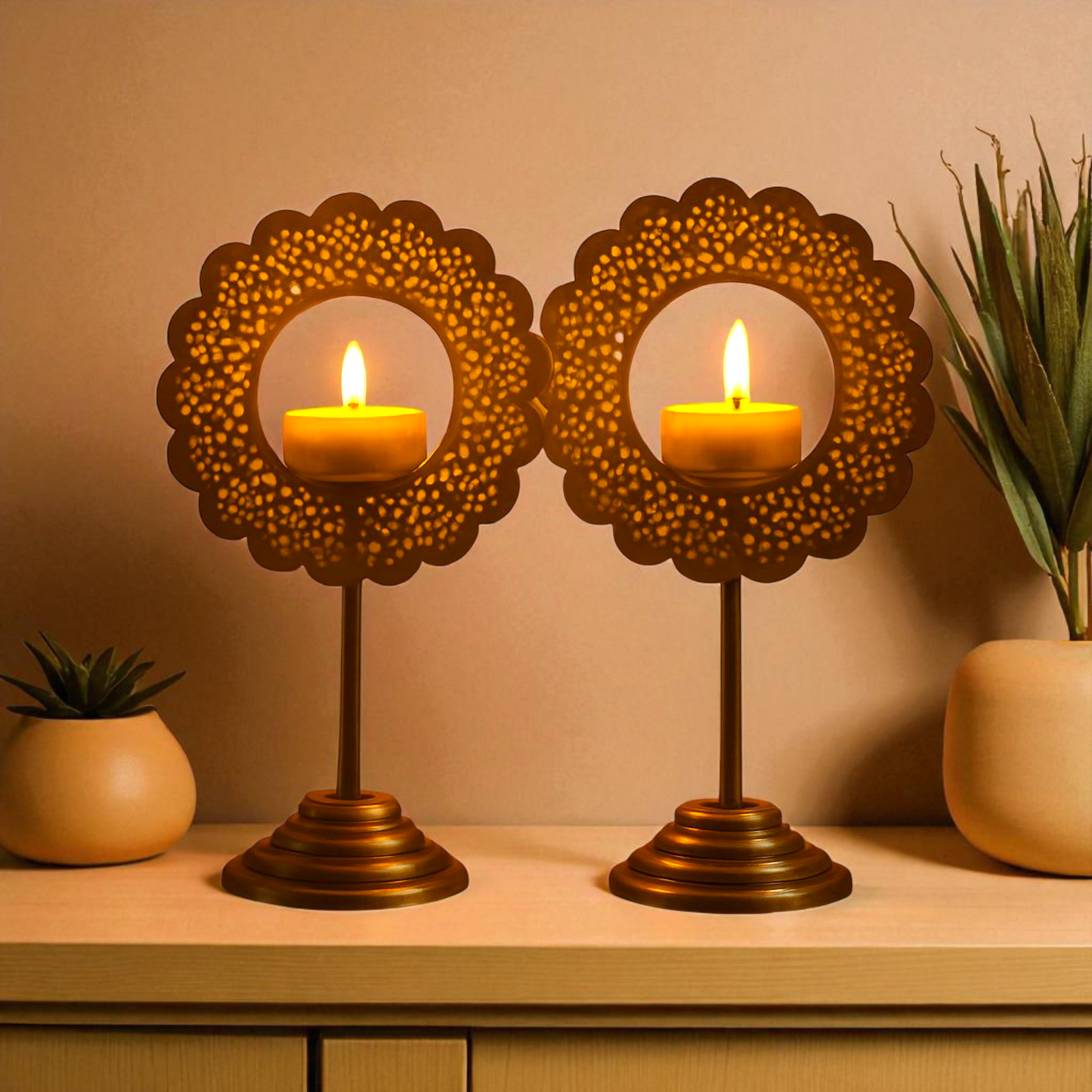 Golden metal tealight holder with handcrafted design – perfect for home décor, festive lighting, weddings, and gifting.”