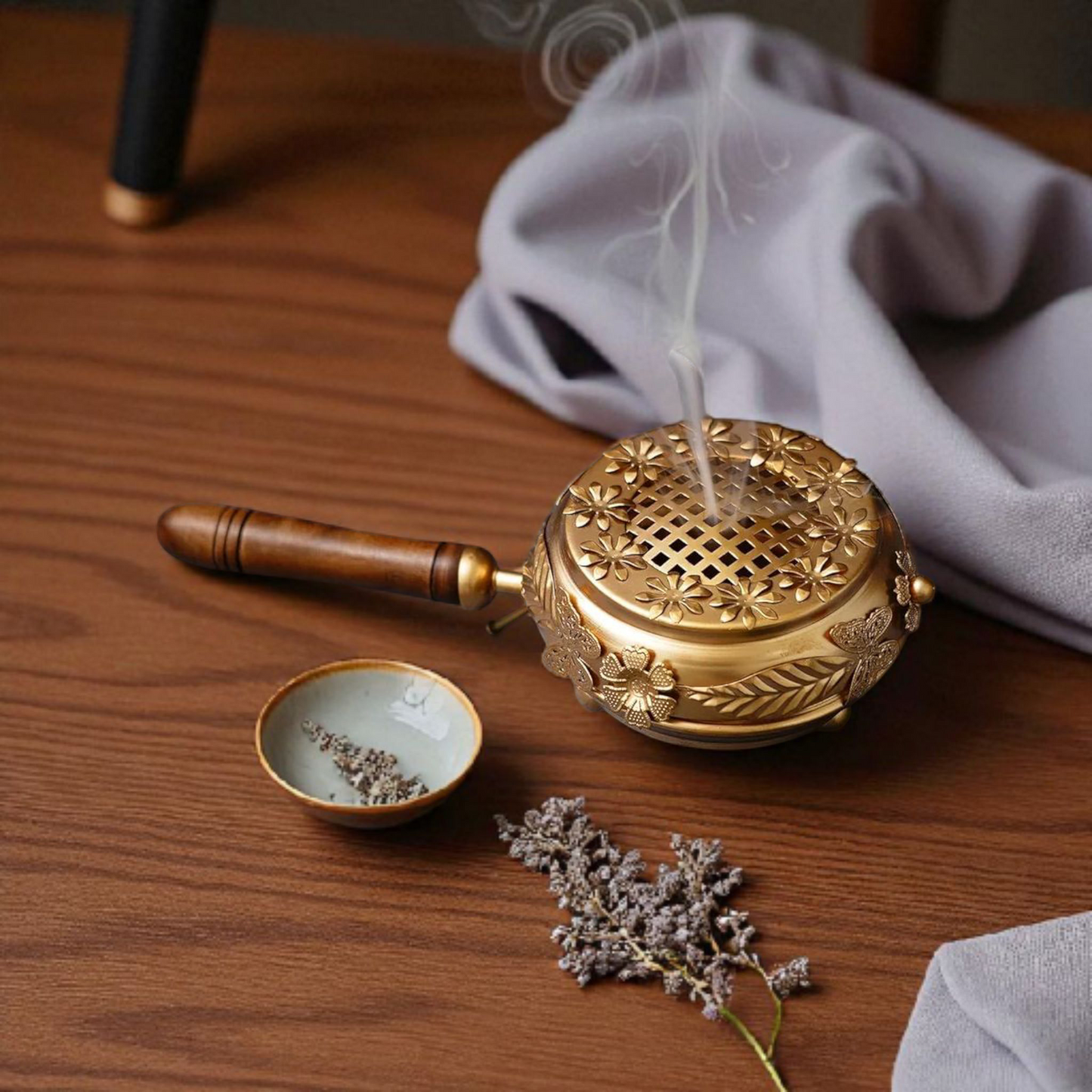 Elegant Brass Floral Incense Burner with Wooden Handle – Aromatherapy & Home Décor Essential