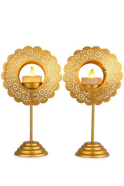 Golden metal tealight holder with handcrafted design – perfect for home décor, festive lighting, weddings, and gifting.”