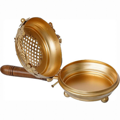 Elegant Brass Floral Incense Burner with Wooden Handle – Aromatherapy & Home Décor Essential