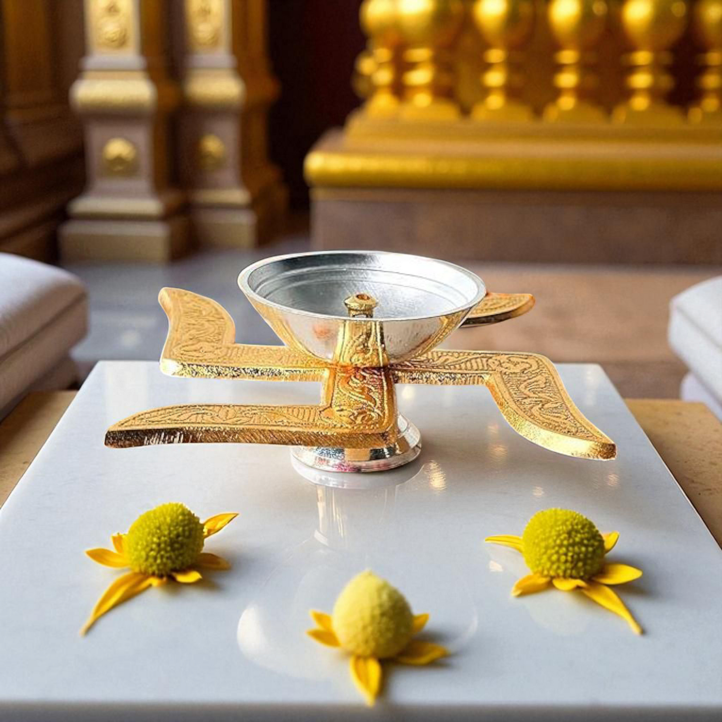 Auspicious Swastik Diya – Elegant Brass & Silver Finish Pooja Lamp for Positive Energy