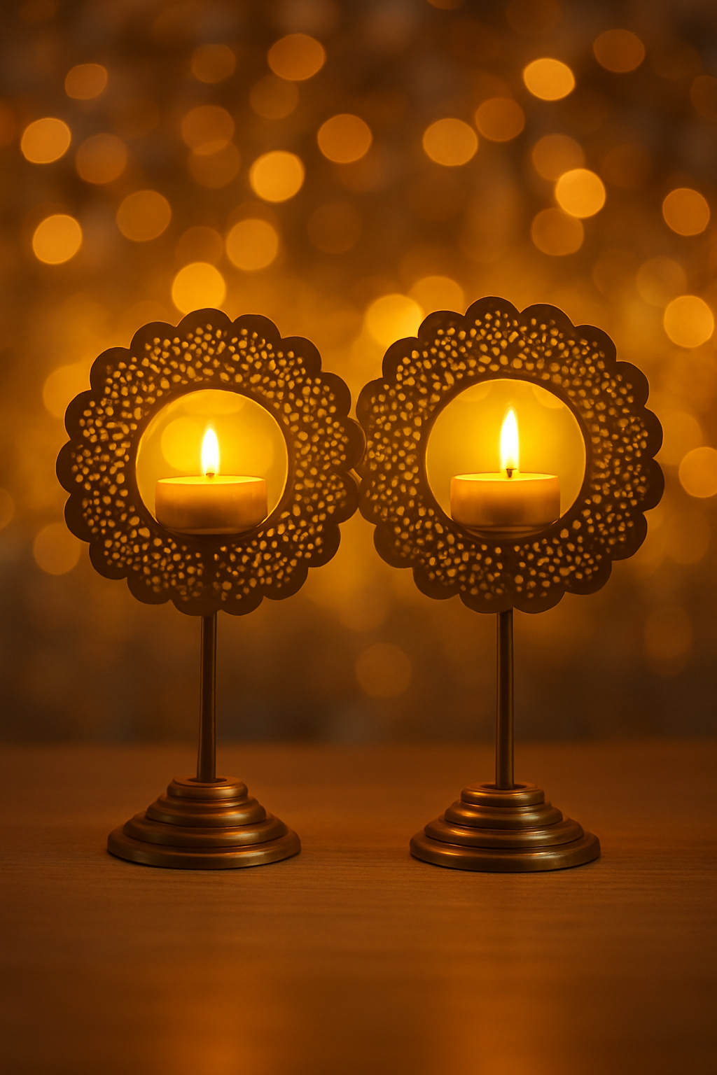 Golden metal tealight holder with handcrafted design – perfect for home décor, festive lighting, weddings, and gifting.”