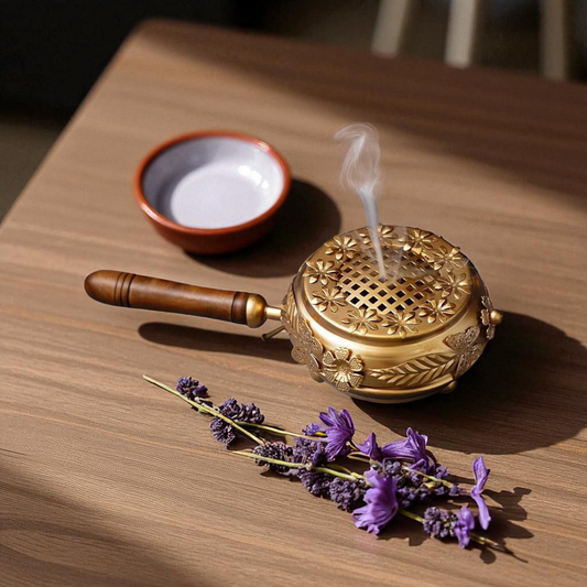 Elegant Brass Floral Incense Burner with Wooden Handle – Aromatherapy & Home Décor Essential