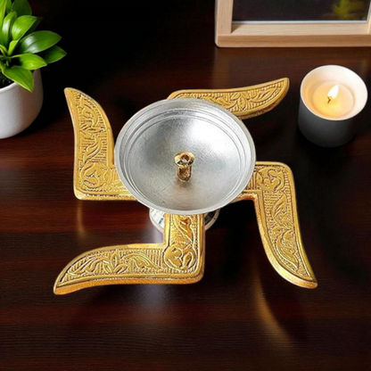 Auspicious Swastik Diya – Elegant Brass & Silver Finish Pooja Lamp for Positive Energy